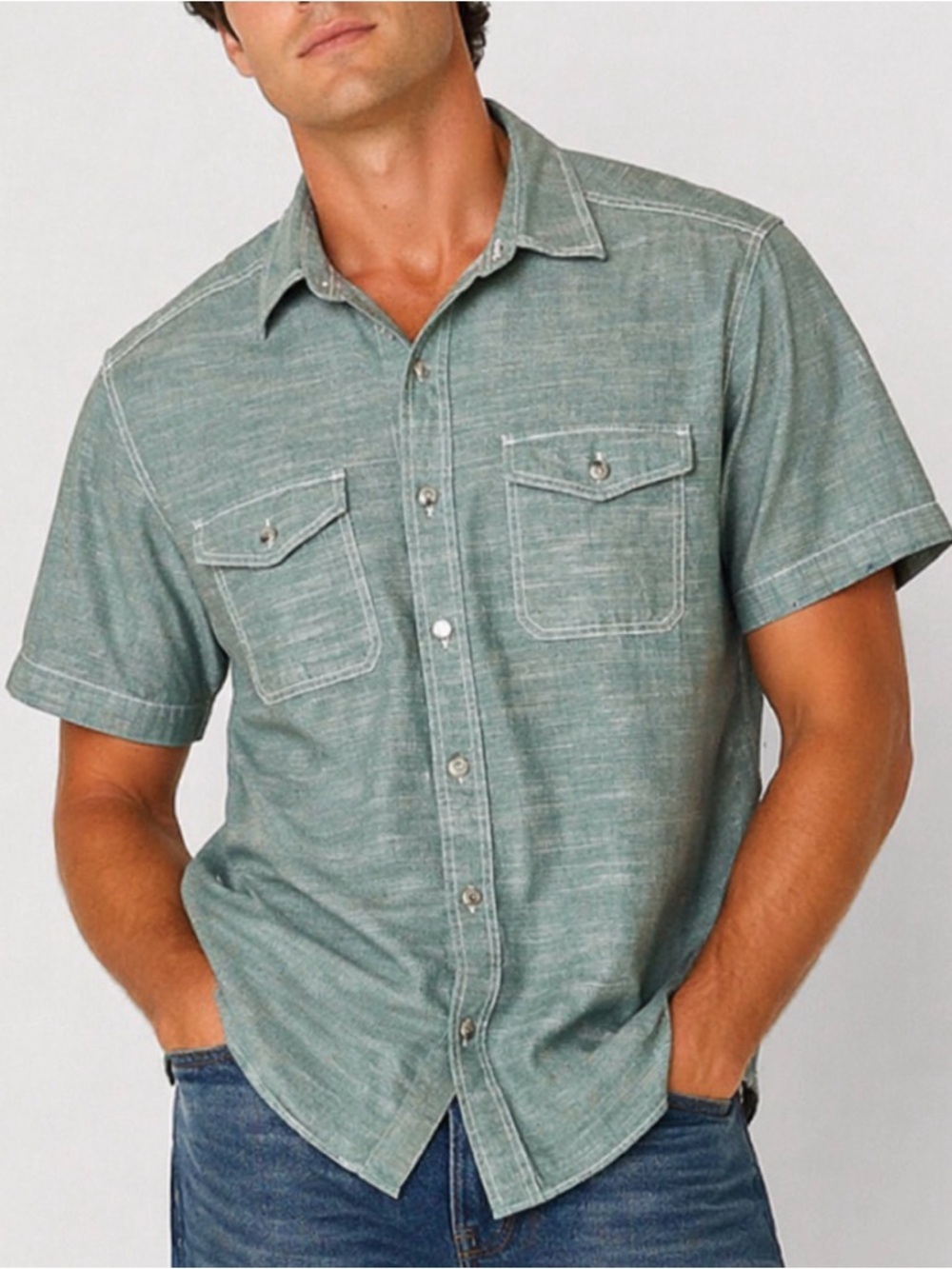 Woolrich Mens 100% Cotton Button Up Shirt Green Chambray Short Sleeve SZ XL